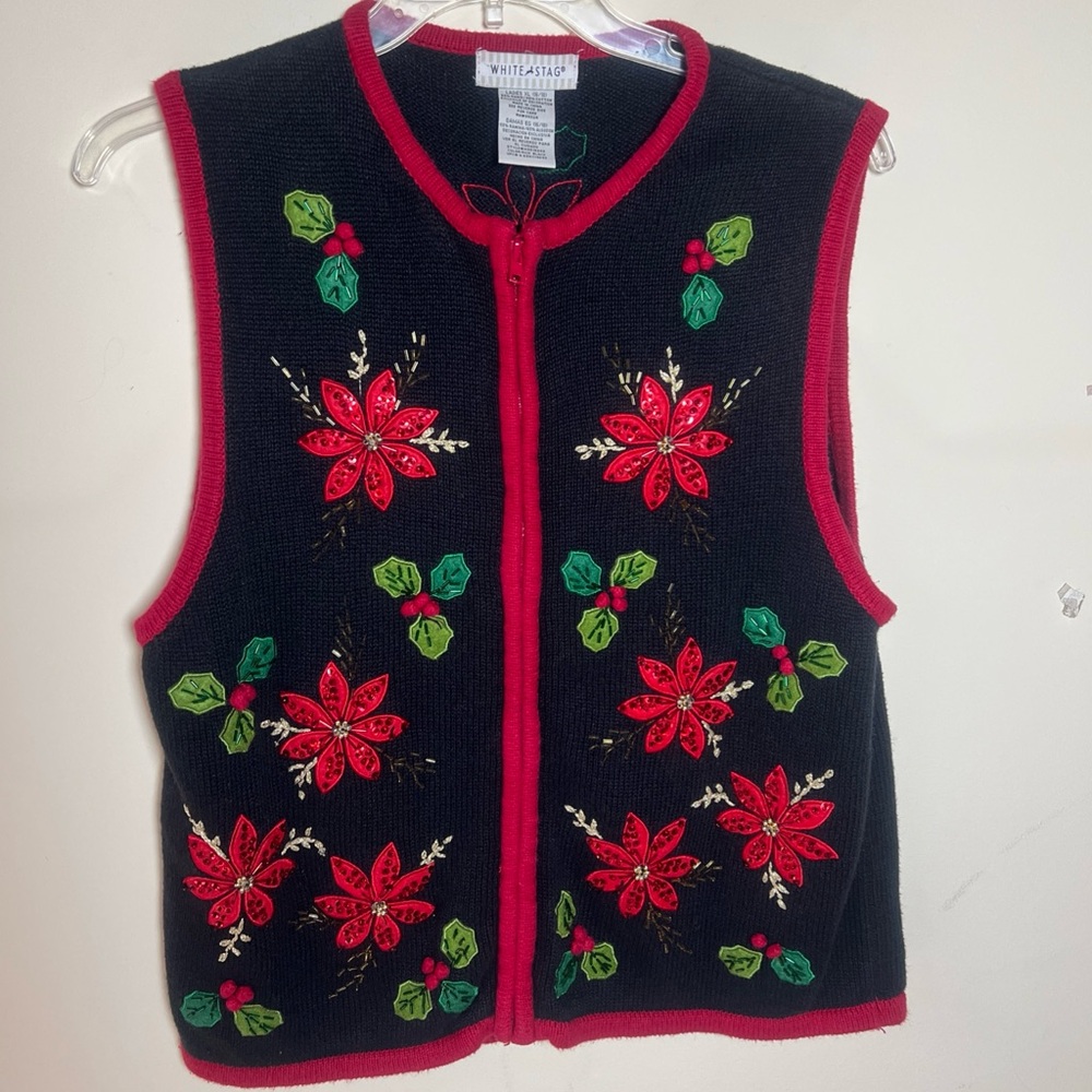 Vintage Size L Black Sleeveless Embroidered Beaded Christmas Poinsettia Vest